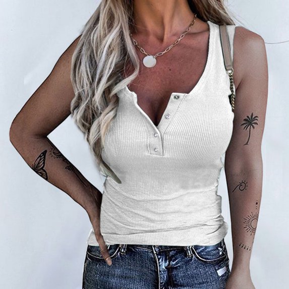 Spring Tops for Women Homenesgenics Tank Tops for Women Plus Size Sleeveless Buttons Slimming Solid Pullover Vest Blouse Tops White M