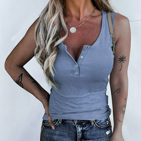Spring Tops for Women Homenesgenics Tank Tops for Women Plus Size Women Casual Sleeveless Buttons Slimming Solid Pullover Vest Blouse Tops Blue S
