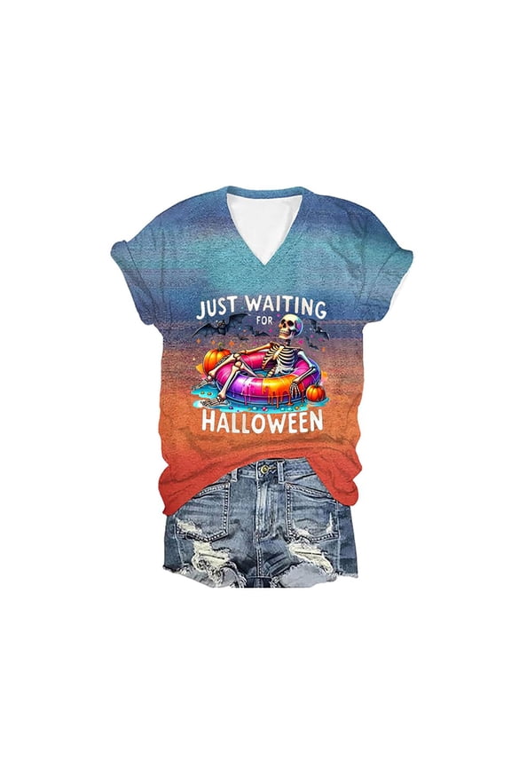 Spring Tops for Women Just Waiting for Skeleton Graphic Funny Tee Shirts for Women Light Blue XXL