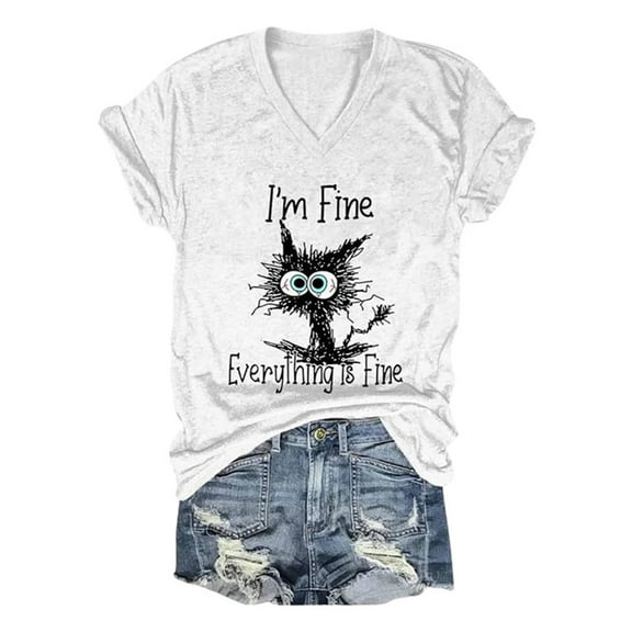 Spring Tops for Women Ladies' Fashion V Neck Retro Cat Letter Printed Short Sleeved Top Oversized Tshirts for Women White L
