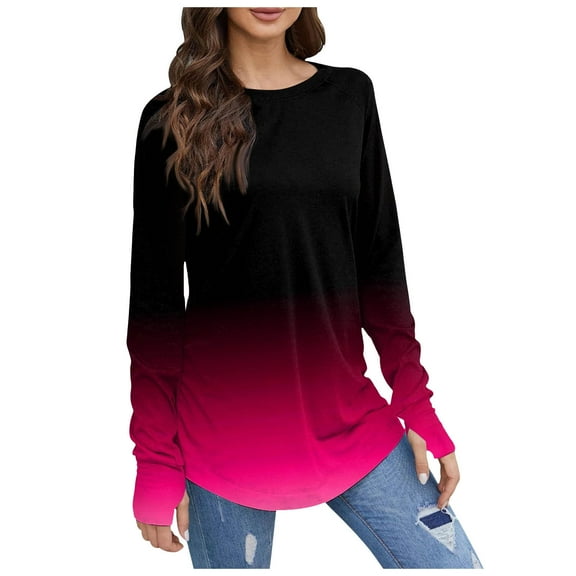 Spring Tops for Women Long Sleeve Round Neck Basic Fashion Printed Thumbhole Tunic Black Tshirts for Women XXL