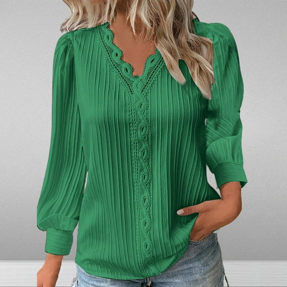 Spring Tops for Women Long Sleeve Shirts for Women Plus Size New Fall Trendy 2025 Women's V-Neck Casual T-shirt Top Solid Blouse Green XXL