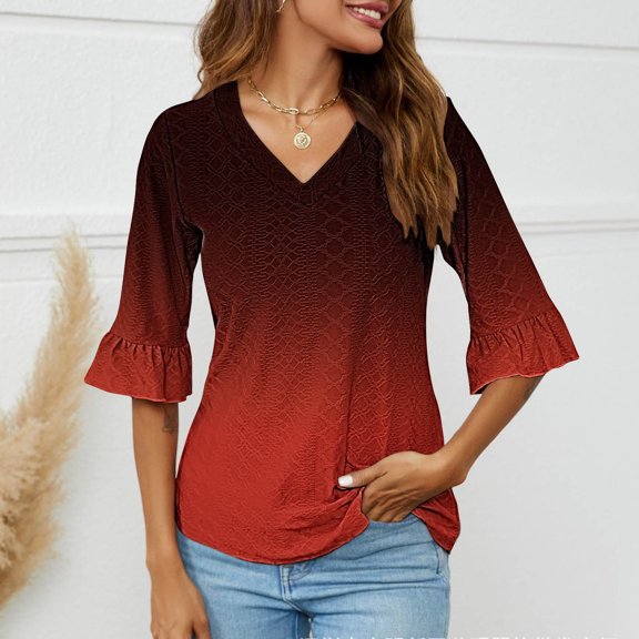 Spring Tops for Women Long Sleeve Shirts for Women Plus Size under $5 Women's Fall Trendy Split Flare Sleeves V-Neck Casual Loose T-shirt Top Red L