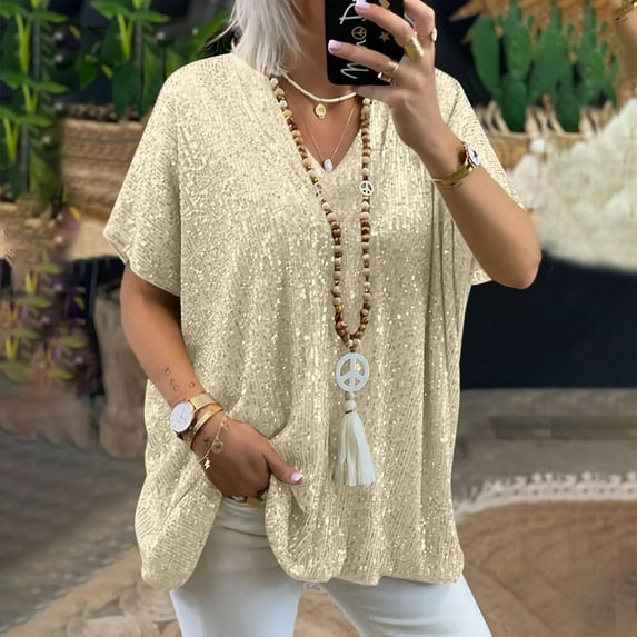 Spring Tops for Women Long Sleeve Shirts for Women under $10 Women Sexy Short Sleeve Sequins Loose Polluer Solid V-Neck Blouse Shirt Tops Beige XXXL