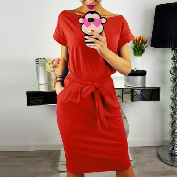 Spring Tops for Women Maxi Dresses for Women Women's Striped Elegant Short Sleeve Wear To Work Casual Pencil Dress with Belt