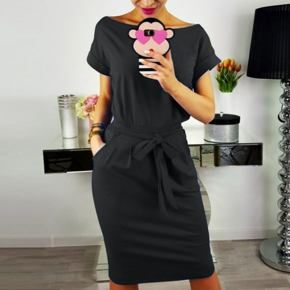 Spring Tops for Women Maxi Dresses for Women Women's Striped Elegant Short Sleeve Wear To Work Casual Pencil Dress with Belt