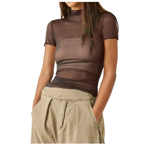 Spring Tops for Women Mesh Short Sleeve Layering Top Mock Neck Dot Embroidery Sheer See Through Oversized Tshirts for Women Coffee M