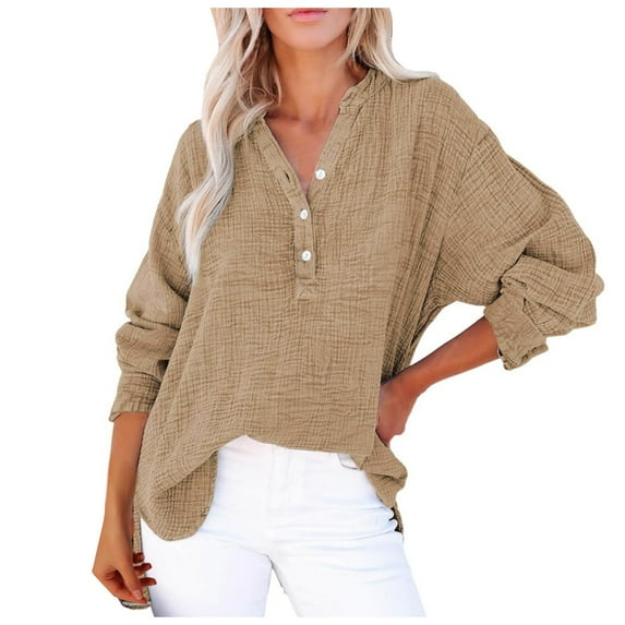 Spring Tops for Women Muslin Blouses Tunics Button Down Pleated Plain Tops Loose Womens Shirts Yellow S