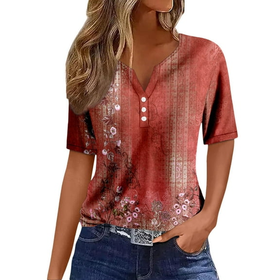 Spring Tops for Women Neck Buttons Short Sleeve Dressy Blouses Geometric Print Women's Clothing Red
