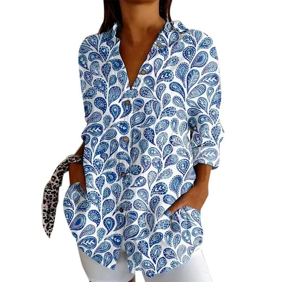 Spring Tops for Women New Fashionable Long Sleeve Printed Casual Lapel Shirt Shirts for Women Light Blue XXL