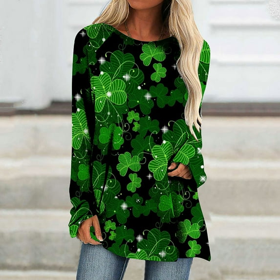 Spring Tops for Women New Trendy Plus Size Shirts for Women Tops Fashion Printed Round Neck Long Sleeve Loose T-shirt Top(Green,XL)