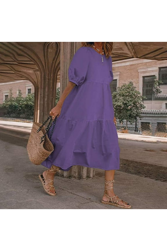 Spring Tops for Women Plus Size Dresses Women Fashion Women Loose Solid Color O Puff Sleeve Casual Short Sleeve Dress