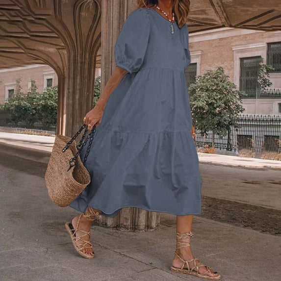 Spring Tops for Women Plus Size Dresses Women Fashion Women Loose Solid Color O Puff Sleeve Casual Short Sleeve Dress