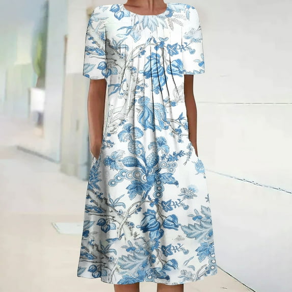 Spring Tops for Women Plus Size Dresses for Women on Women's Summer Bohemian Print Short Sleeve Beach Dress Knee Length Dress