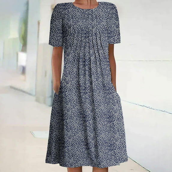 Spring Tops for Women Plus Size Dresses for Women on Clearance Women's Summer Bohemian Print Short Sleeve Beach Dress Knee Length Dress