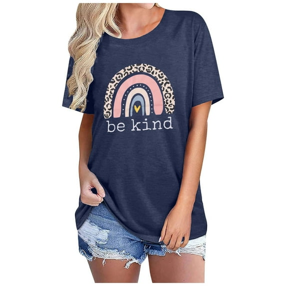 Spring Tops for Women Print Crew Neck Organic Cotton T Shirt Short Sleeve Tee Oversized Tshirts for Women Navy M