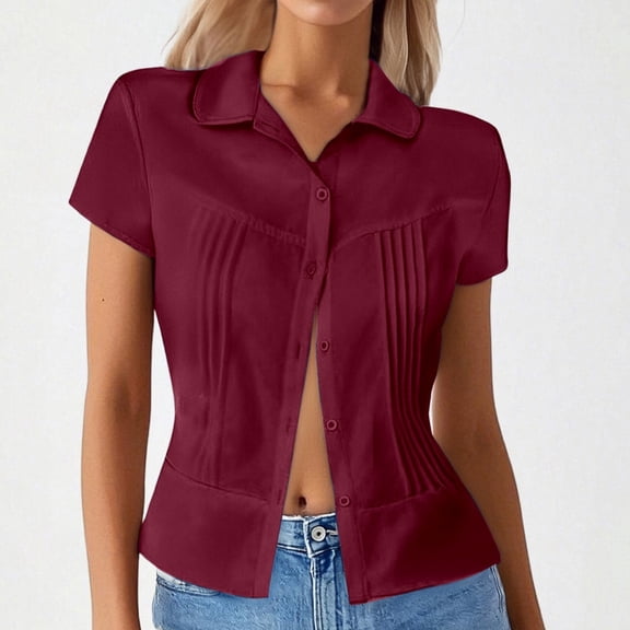 Spring Tops for Women Pure Color Casual Collar Button Up Short Sleeve Shirts for Women Red M