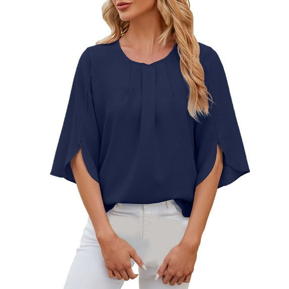 Spring Tops for Women Solid Collarless Five Panel Shoulder Long Sleeve Loose Fitting Casual Navy Womens Shirts L