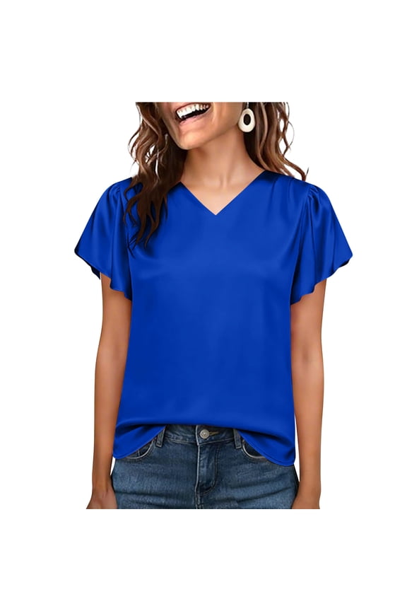 Spring Tops for Women Solid-Color V-Neck Blouse with Lace Cuffs Soft and Breathable Perfect for Casual Wear and the Office