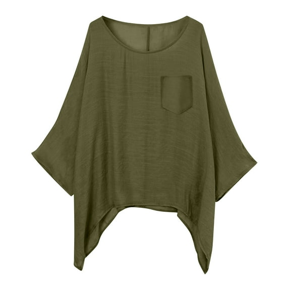 Spring Tops for Women Stylish Casual Solid Color Pocket Loose Comfortable Top Oversized Tshirts for Women Army Green L