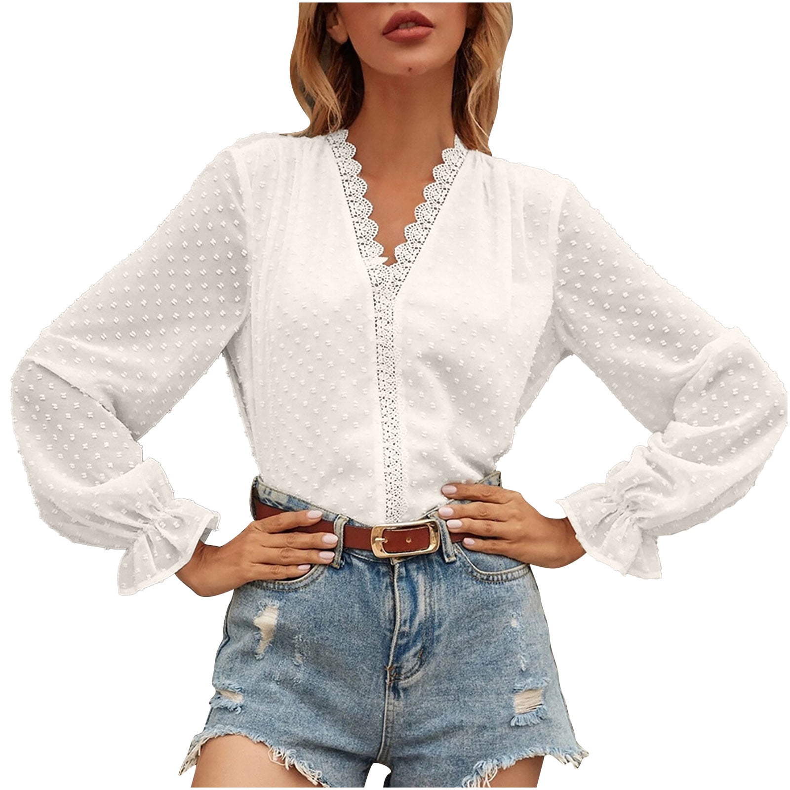 Spring Tops for Women Swiss Dot Chiffon Work Blouses Long
