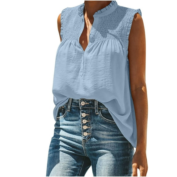 Spring Tops for Women Tank Tops for Women Fashion Women Causal Turtleneck Solid Blouse Sleeveless T-Shirt Summer Button Tops