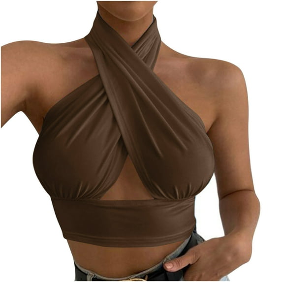 Spring Tops for Women Tank Tops for Women Pretty Casual Women's Sleeveless Printed Camis Halter Neck Tops Ladies Hollow Out Vest