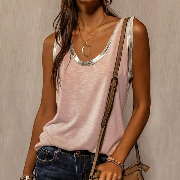 Spring Tops for Women Tank Tops for Women under $5 Women Fashion Sexy Sleeveless Vest U-Neck Printed Tops Tee Vest Blouse Tops Pink XL