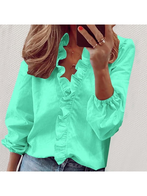Spring Tops for Women Tops for Women Long Sleeve 3/4 Sleeve Women Casual Full Sleeve V-Neck Tops Loose Plus Size Women Clothing Green M