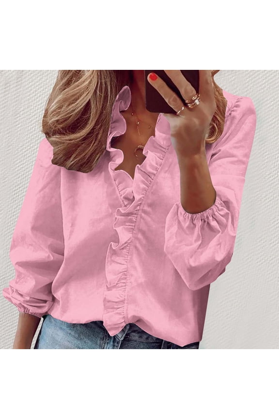Spring Tops for Women Tops for Women Long Sleeve 3/4 Sleeve Women Casual Full Sleeve V-Neck Tops Loose Plus Size Women Clothing Pink XL