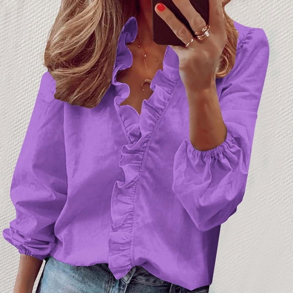 Spring Tops for Women Tops for Women Long Sleeve 3/4 Sleeve Women Casual Full Sleeve V-Neck Tops Loose Plus Size Women Clothing Purple XL
