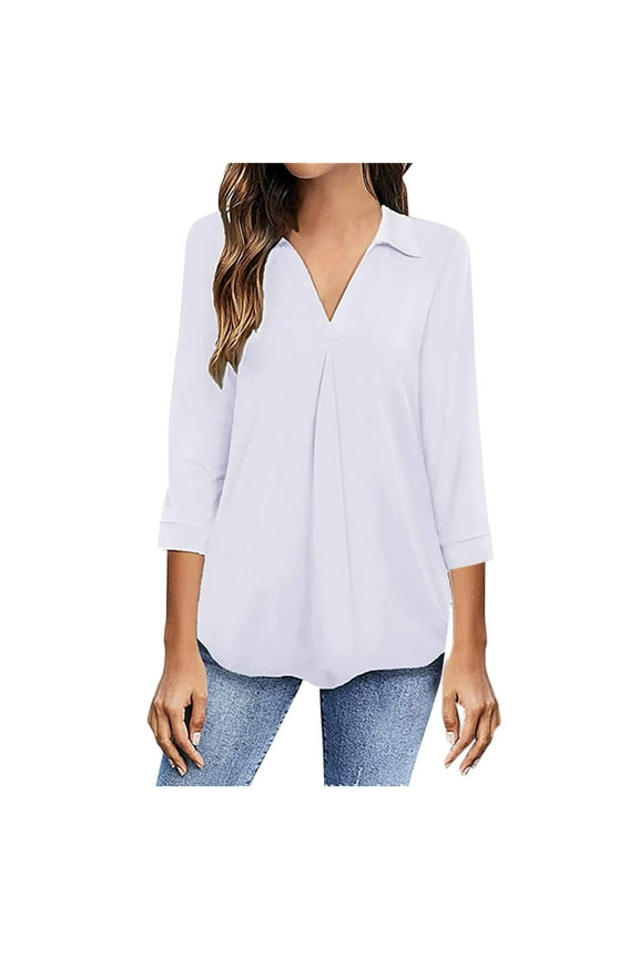 Spring Tops for Women Tops for Women Long Sleeve 3/4 Sleeve Women Casual V Neck Pullover Long Sleeve Solid Color Shirt Blouse Tops White M