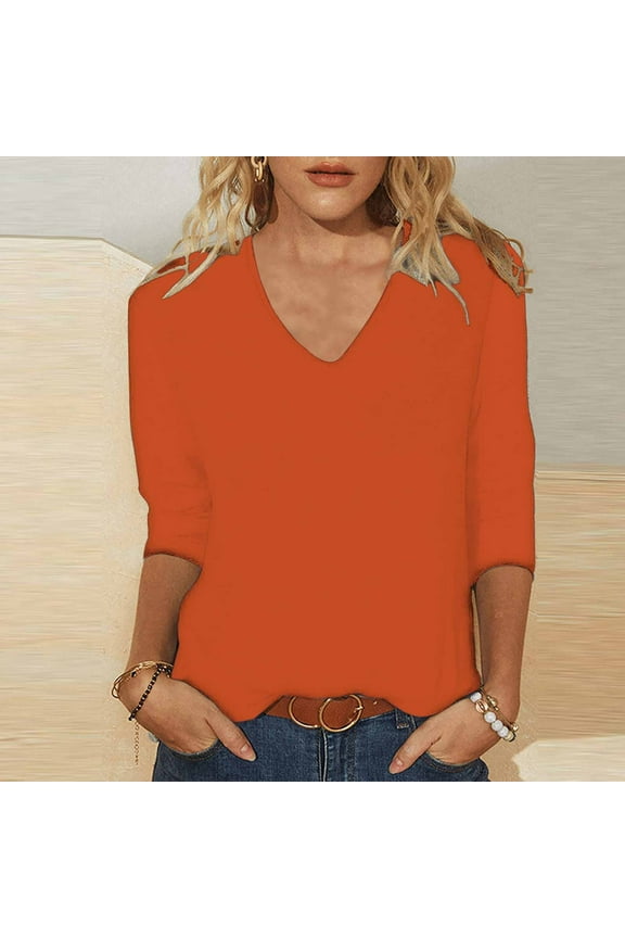 Spring Tops for Women Tops for Women Long Sleeve 3/4 Sleeve Women's Fall Solid Color Loose T-shirt 3/4 Sleeves Blouse V-Neck Casual Tops Orange M