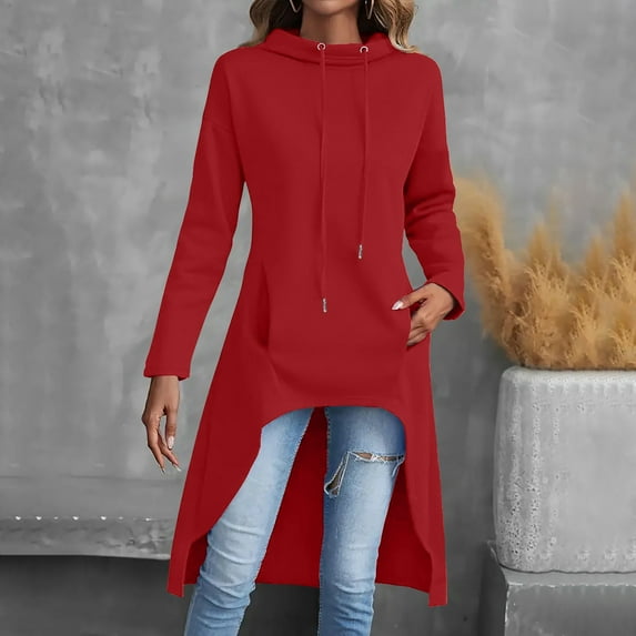 Spring Tops for Women Tops for Women Plus Size Womens Solid Color Round Neck Hooded Sweatshirt Long Sleeved Top Sweatshirt Hooded Red M
