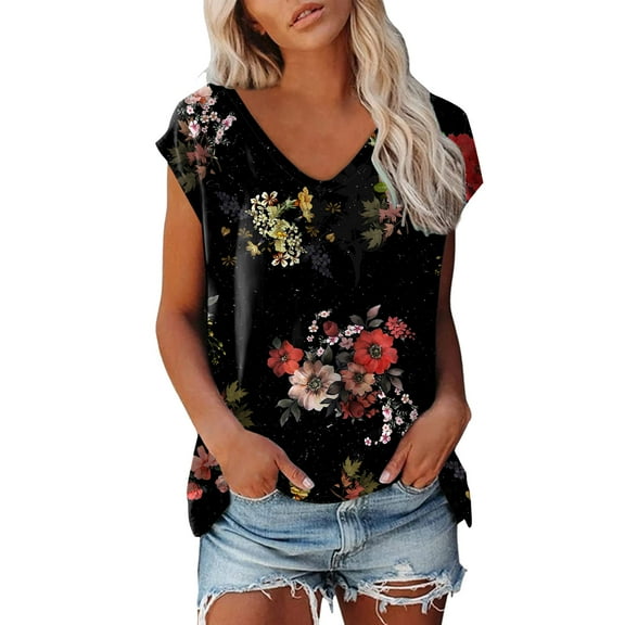 Spring Tops for Women V Neck Plain Short Sleeve Casual Loose Basic Tee T Shirts for Women Black