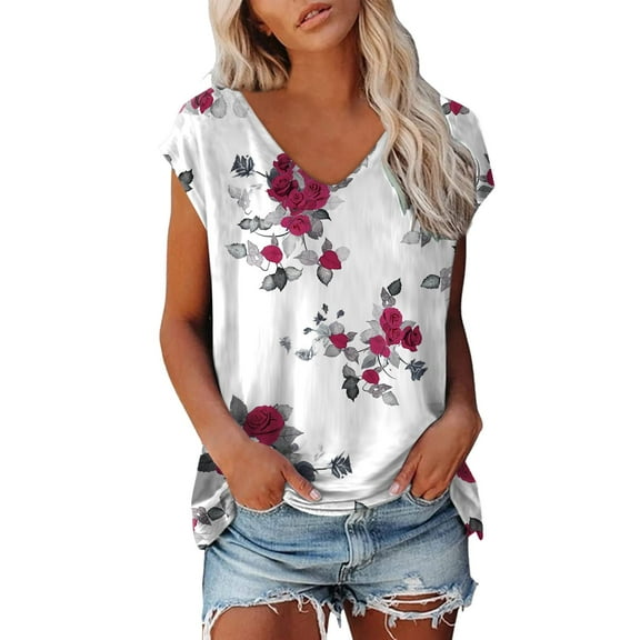 Spring Tops for Women V Neck Plain Short Sleeve Casual Loose Basic Tee T Shirts for Women Red