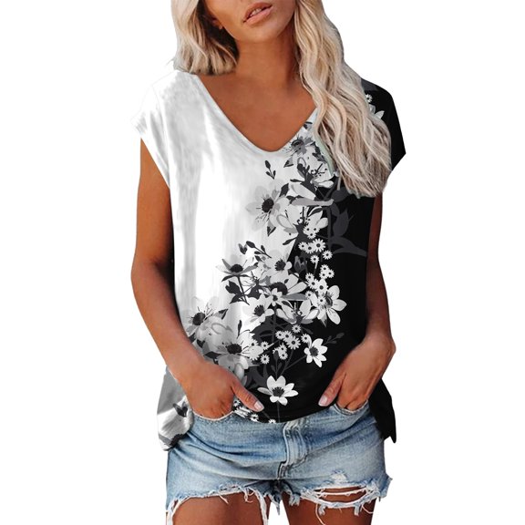 Spring Tops for Women V Neck Plain Short Sleeve Casual Loose Basic Tee T Shirts for Women White