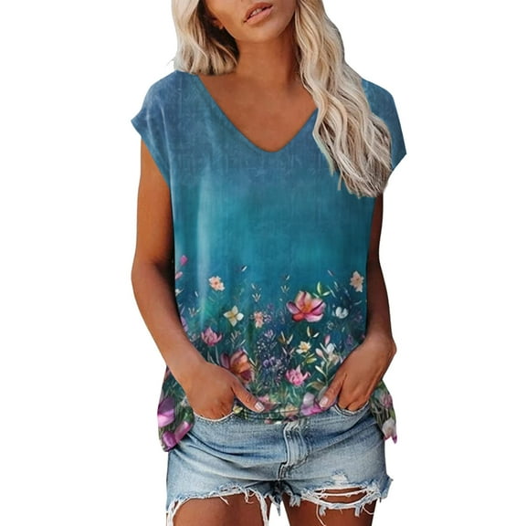 Spring Tops for Women V Neck Plain Short Sleeve Casual Loose Basic Tee Women's Clothing Blue