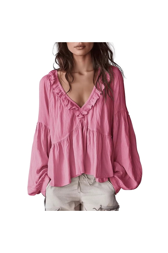 Spring Tops for Women V Neck Ruffled Retro Soft Relaxed Casual Blouse Tops Summer Tops