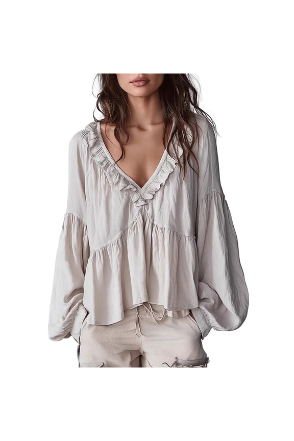 Spring Tops for Women V Neck Ruffled Retro Soft Relaxed Casual Blouse Tops Summer Tops
