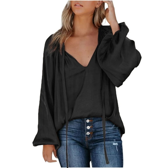 Spring Tops for Women Viikei Womens Blouse Plus Size,Women's New Satin Silk Long Sleeve Loose V-Neck Lace Up Shirt Tops Black XXL