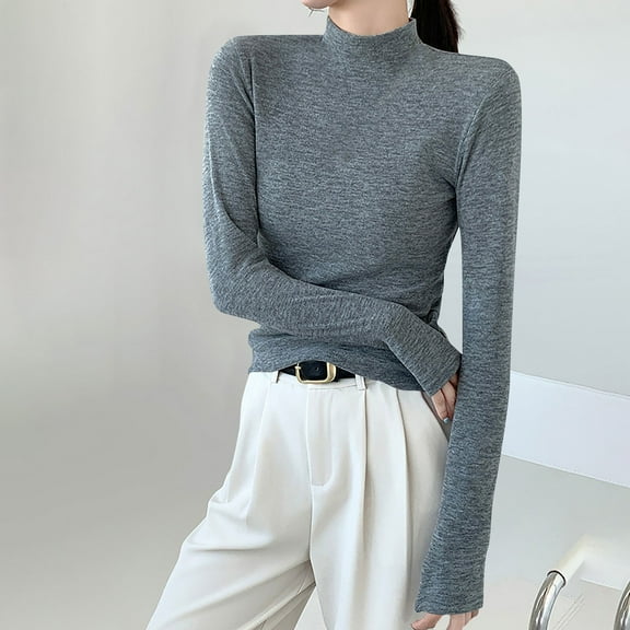 Spring Tops for Women Viikei Womens Tops Long Sleeve,Women's New Solid Color Long Sleeve Pullover Half High Neck Casual Base Shirt Gray M