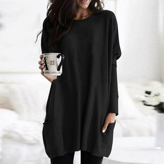 Spring Tops for Women White Blouses for Women Dressy Long Sleeve Casual Loose Fit Tunic Tops with Pockets Crew Neck Sweatshirts