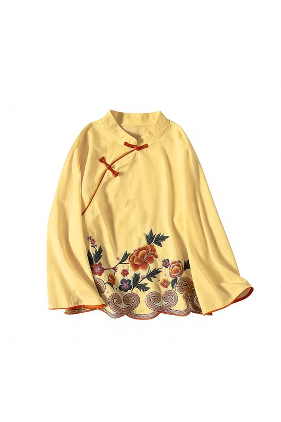 Spring Tops for Women, Women's Summer Linen Qipao Long Sleeve Shirt, Elegant Retro Chinese Frog Button Floral Tunic Tops 2026