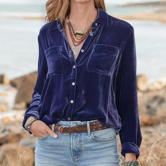 Spring Tops for Women Womens Blouses 3/4 Sleeve Solid Color Top Retro Gold Velvet Long Sleeve Top Long Sleeve V-Neck Top/shirt