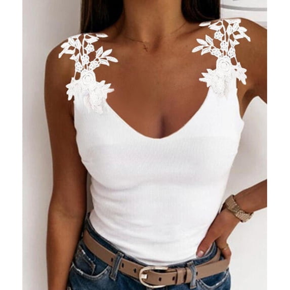 Spring Tops for Women Womens under $5 Tunic Top Sleeveless Sexy Womens V-Neck Patchwork Solid Lace Short Camis Tops Vest