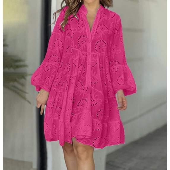 Spring Tops for Women Womens Dresses Plus Size Fall Fashion Women V-Neck Solid Embroidery Patchwork Lace Button Long Sleeve Dress