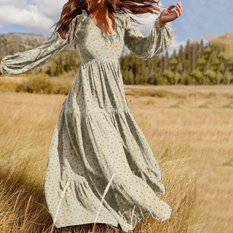 Homenesgenics Dresses for Women Summer Maxi Formal Spring Midi Prom  SunDresses Women Casual Chiffon Hedging V-Neck Pendant Long Sleeve Floral  Dress Beige M-3XL - Walmart.com
