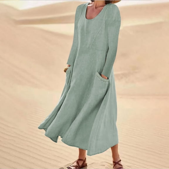 Spring Tops for Women Womens Dresses Plus Size Fall Women's Fashion Long Sleeve Color Cotton Linen Round Neck Pocket Dress