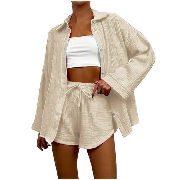 Spring Tops for Women Womens Sets 2 Piece Outfits Women's Fashion Casual Solid Color Long Sleeved Shirt And Shorts Two-piece Set